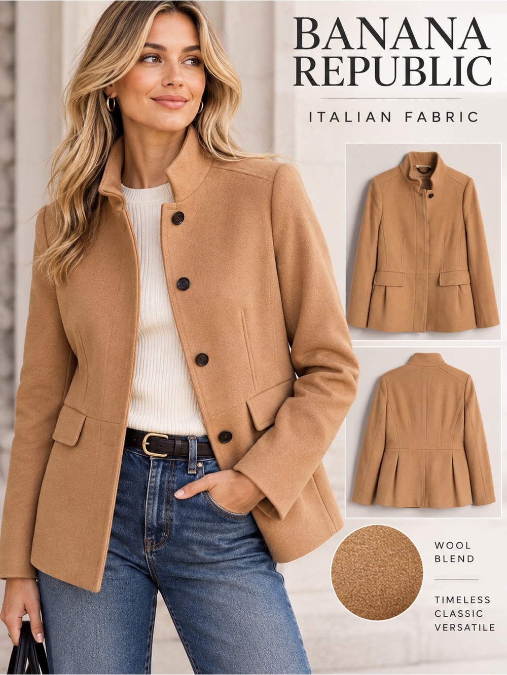 Banana Republic XS Camel Wool Blend Italian Fabric Peacoat Jacket